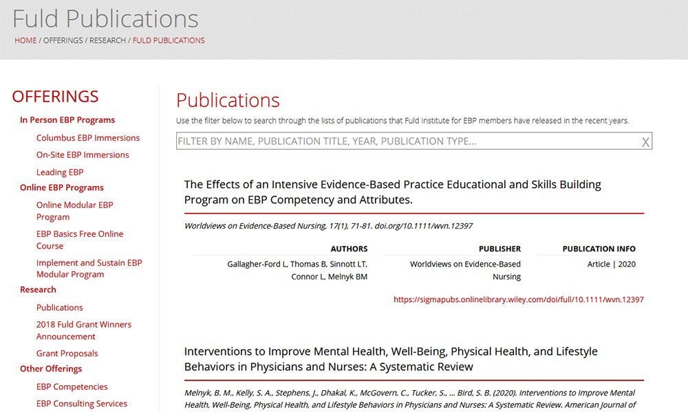 A screenshot of the publications page. 